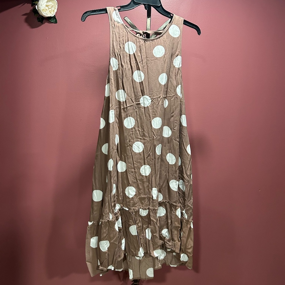 LOFT Tan and White Polka Dot Midi Dress